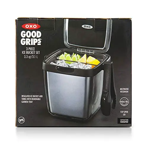 OXO Good Grips Double Wall Ice Bucket with Tongs and Garnish Tray,Gray,  7.37L x 8.5W x 7.5H