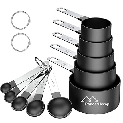 PanderHecop Measuring Cups and Spoons Set, 10 Piece Stackable Stainless Steel Handle Accurate Tablespoon for Measuring Dry and Liquid Ingredients Small Teaspoon with Plastic Head (10, Black)