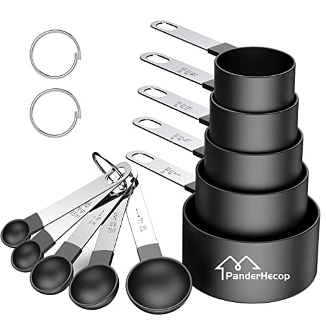 PanderHecop Measuring Cups and Spoons Set, 10 Piece Stackable Stainless Steel Handle Accurate Tablespoon for Measuring Dry and Liquid Ingredients Small Teaspoon with Plastic Head (10, Black)
