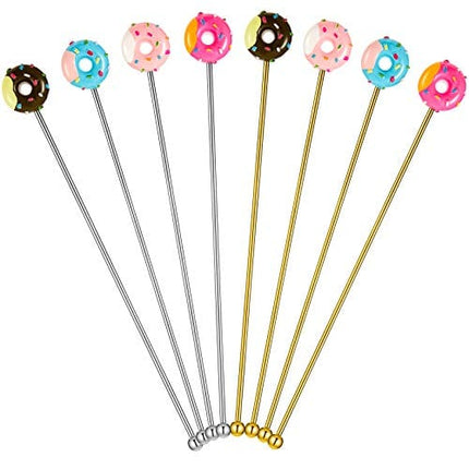 8 Pcs Coffee Stirrers Reusable 7.5 Inch Donut Swizzle Cocktail Spoon Stainless Steel Long Handle Tall Spoon for Coffee Beverage Cocktail Drink, Gold and Silver