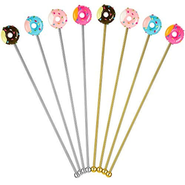 8 Pcs Coffee Stirrers Reusable 7.5 Inch Donut Swizzle Cocktail Spoon Stainless Steel Long Handle Tall Spoon for Coffee Beverage Cocktail Drink, Gold and Silver