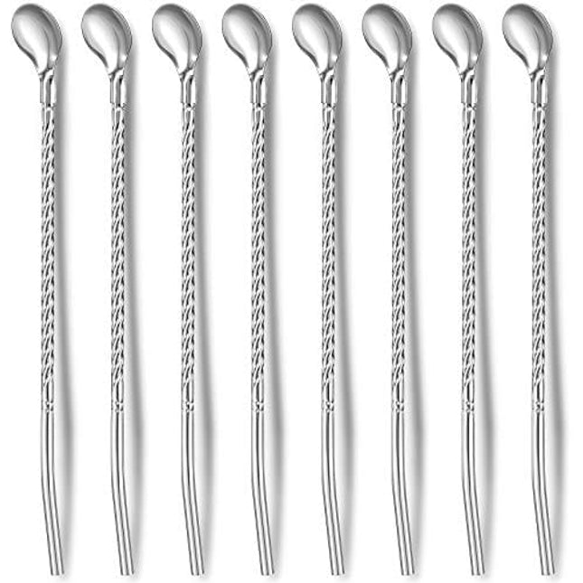 8 Pieces Spoon Straw Iced Tea Spoon Stainless Steel Spoon Straw 8.7 Inch Reusable Bar Spoon Straw for Mixing, Stirring and Drinking