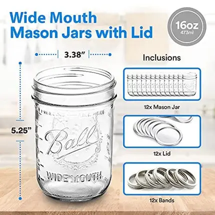 Wide Mouth Mason Jars 16 oz. (12 Pack) - Pint Size Jars with Airtight Lids and Bands for Canning, Fermenting, Pickling, or DIY Decors and Projects Bundled with Jar Opener