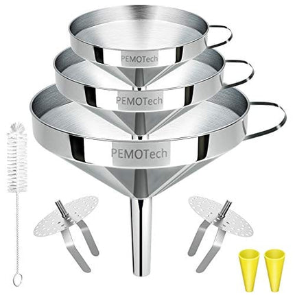 PEMOTech Prime Kitchen Funnels【6 in 1】Large 304 Stainless Steel Funnel, GRAVITY3D for Faster, Drip Free Transfers, Set of 3 (4.1''/5.0''/5.7'') with 2 Strainers & 2 Silicone Tubes & 1 Clean Brush