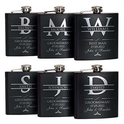 Groomsmen Gifts Set of 6, Personalized Groomsmen Flask Set w Optional Gift Box - Wedding Favor, Engraved 6oz Stainless Steel Flask, Custom Flask Gift Set, Black #2