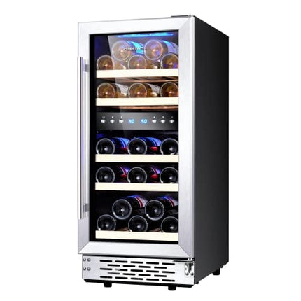 Phiestina Under Counter Wine Fridge 15 Inch Dual Zone Wine Cellar Built-in or Freestanding Wine Cooler Refrigerator with Frost Free Compressor Cooling System