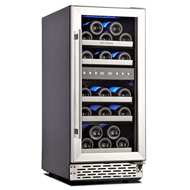 Phiestina 15 Inch Dual Zone Wine Cooler Refrigerator - 28 Bottle Built-in or Free-standing Frost Free Compressor Wine Refrigerator for White and Red Wines with Digital Memory Temperature Control