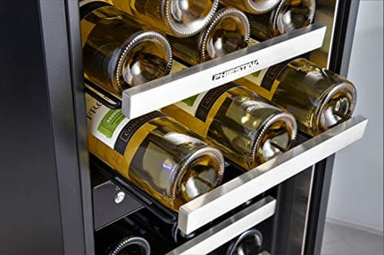 Phiestina 15 Inch Dual Zone Wine Cooler Refrigerator - 28 Bottle Built-in or Free-standing Frost Free Compressor Wine Refrigerator for White and Red Wines with Digital Memory Temperature Control