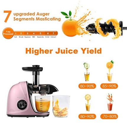 Juicer Machines, Picberm Slow Masticating Juicer Extractor with Quiet Motor Easy to Clean, BPA-Free Anti-clogging Cold Press Juicer with Brush, Recipes for Fruits and Vegetables - Rose Gold