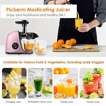 Juicer Machines, Picberm Slow Masticating Juicer Extractor with Quiet Motor Easy to Clean, BPA-Free Anti-clogging Cold Press Juicer with Brush, Recipes for Fruits and Vegetables - Rose Gold