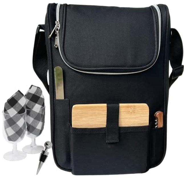 Plush Picnic Premium Wine Bag, Insulated 2 Bottle Wine Carrier Tote, Wine and Cheese Cooler Bag, Great Gifts for Wine Lovers (Black)