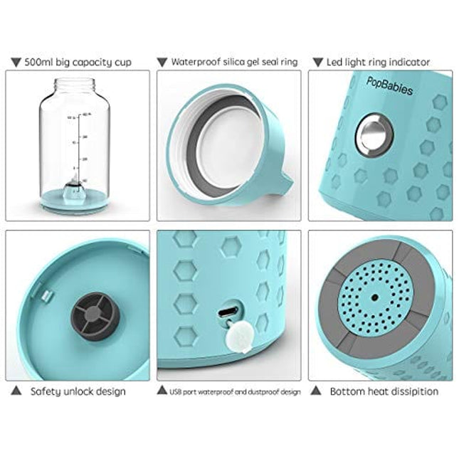 Portable Blender, PopBabies Personal Blender, Smoothie Blender for Shakes with USB rechargeable Blender Bottle Corolina Blue