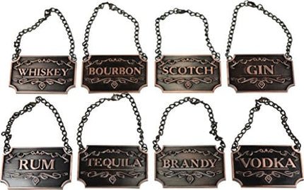 Copper Liquor Decanter Tags/Labels Set of Eight - Whiskey, Bourbon, Scotch, Gin, Rum, Vodka, Tequila and Brandy - Copper Colored - Adjustable Chain Fits Most Bottles (Copper)