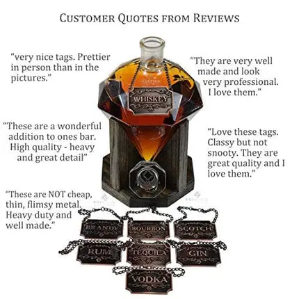 Copper Liquor Decanter Tags/Labels Set of Eight - Whiskey, Bourbon, Scotch, Gin, Rum, Vodka, Tequila and Brandy - Copper Colored - Adjustable Chain Fits Most Bottles (Copper)