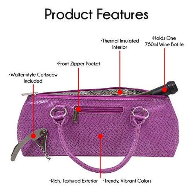 Wine Clutch Bag (Thermal Insulated) Trendy Women’s Carry Tote | Holds Red & White 750mL Bottles | Trendy Fashion | Incl. Portable Waiter-Style Corkscrew (Lavender Burmese)