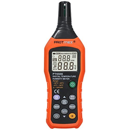 Protmex PT6508 Temperature Humidity Meter, Thermometer Hygrometer Monitor with Ambient, Dew Point, Wet Bulb for Indoor/Outdoor MIN, MAX, Data Hold, LCD Backlight