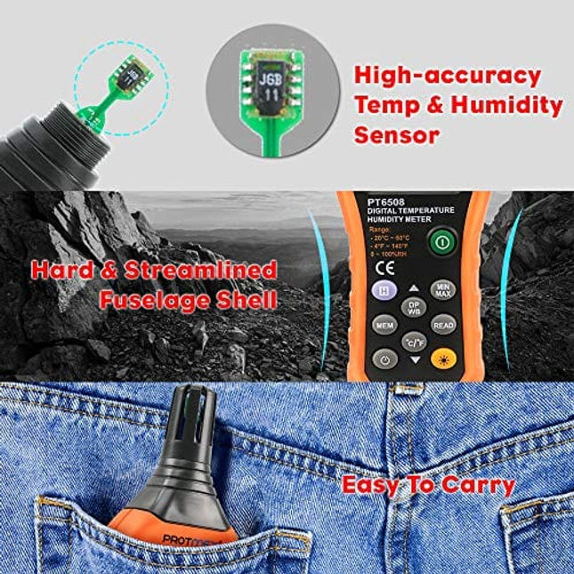 Protmex PT6508 Temperature Humidity Meter, Thermometer Hygrometer Monitor with Ambient, Dew Point, Wet Bulb for Indoor/Outdoor MIN, MAX, Data Hold, LCD Backlight