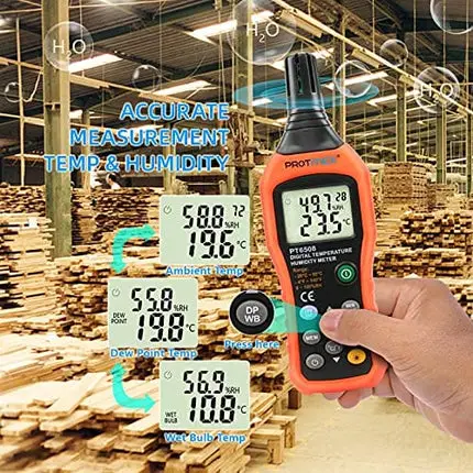 Protmex PT6508 Temperature Humidity Meter, Thermometer Hygrometer Monitor with Ambient, Dew Point, Wet Bulb for Indoor/Outdoor MIN, MAX, Data Hold, LCD Backlight