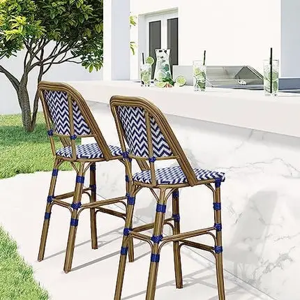 PURPLE LEAF French Bar Stool Set of 2 Outdoor Bar Patio Kitchen Counter Aluminum Frame Chair with Bamboo Print Finish Patio Bar Height Stool, Deep Blue