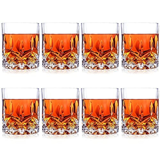 QUMMFA Whiskey Glasses, Set of 8 Cocktail Glasses, 10 OZ Old Fashioned Glasses for Drinking Scotch Bourbon Cognac Vodka Gin Tequila Rum Liquor Rye, Rocks Glasses, Crystal Scotch Glasses