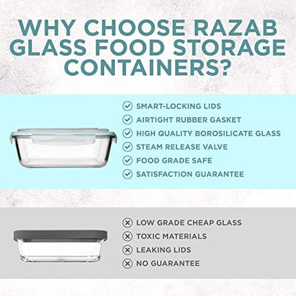 Razab 24 Pc Glass Food Storage Containers Airtight Lids Microwave/Oven/Freezer & Dishwasher Safe - Steam Release Valve BPA/ PVC-Free -Small & Large Reusable Round, Square & Rectangle Bento Containers