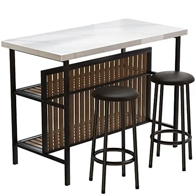 Recaceik 3 Piece Pub Table Set, Rectangular Bar Table with 2 Bar Stools, Faux Marble Dining Room Table Set of 2, Modern Counter Height Table with Storage, Kitchen Island with Seating