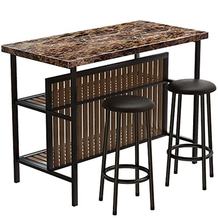 Recaceik 3 Piece Pub Table Set, Rectangular Bar Table with 2 Bar Stools, Faux Marble Dining Room Table Set of 2, Modern Counter Height Table with Storage, Kitchen Island with Seating (Brown)