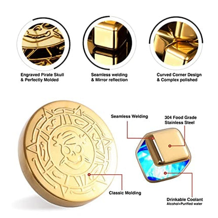 New Pirate Themed Gold Whiskey Coin and Cube Set, Stainless Steel Whiskey Chilling Stones | 4pc Set with Wooden Chest | Whiskey Gift for Men, Dad, Husband, Boyfriend