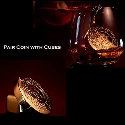 New Pirate Themed Gold Whiskey Coin and Cube Set, Stainless Steel Whiskey Chilling Stones | 4pc Set with Wooden Chest | Whiskey Gift for Men, Dad, Husband, Boyfriend