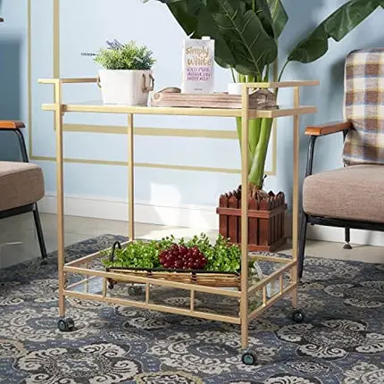 Gold Glass Rolling Bar Serving Cart Home on Lockable Wheels, Wine Drink Liquor Cart Stand for Home Kitchen Storage Club Party, Christmas, New Year