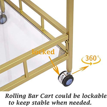 Gold Glass Rolling Bar Serving Cart Home on Lockable Wheels, Wine Drink Liquor Cart Stand for Home Kitchen Storage Club Party, Christmas, New Year