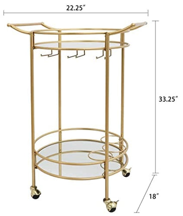 Round Gold Rolling Bar Cart with 2 Mirror Shelves, Wine Rack and Lockable Casters, Suitable for Home Kitchen, Club, Living Room, Thanksgiving, Christmas, New Year, 22"X18"X33"