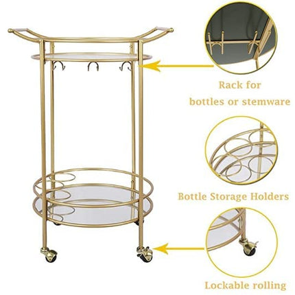 Round Gold Rolling Bar Cart with 2 Mirror Shelves, Wine Rack and Lockable Casters, Suitable for Home Kitchen, Club, Living Room, Thanksgiving, Christmas, New Year, 22"X18"X33"