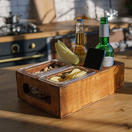 Wood Beer Box - Gift for Beer Lovers, Dad, Man, Him, Boyfriend- Drink Box Snacks Tray- Table Stand Caddy with slots for glasses, chips, nuts- Couch Organizer for Beverages, Remote Control, Phone stand
