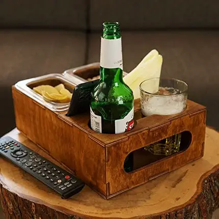 Wood Beer Box - Gift for Beer Lovers, Dad, Man, Him, Boyfriend- Drink Box Snacks Tray- Table Stand Caddy with slots for glasses, chips, nuts- Couch Organizer for Beverages, Remote Control, Phone stand