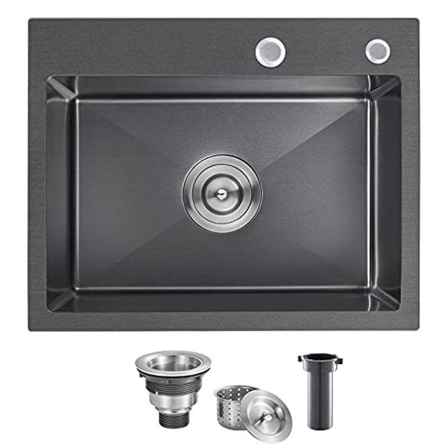 ROVATE 23 x 18 x 9 Inch Drop-in Topmount Kitchen Sink, Single Bowl Kitchen Sink Black, Durable Handmade 304 Stainless Steel Overmount Kitchen Sink with Strainer