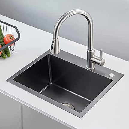 ROVATE 23 x 18 x 9 Inch Drop-in Topmount Kitchen Sink, Single Bowl Kitchen Sink Black, Durable Handmade 304 Stainless Steel Overmount Kitchen Sink with Strainer
