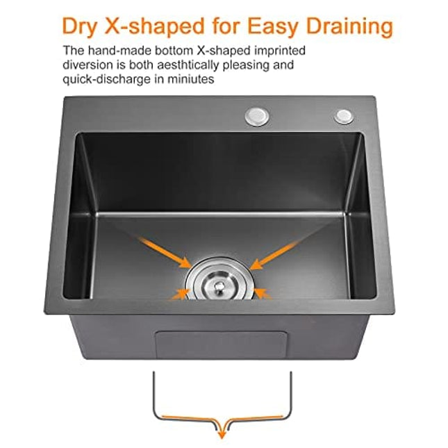 ROVATE 23 x 18 x 9 Inch Drop-in Topmount Kitchen Sink, Single Bowl Kitchen Sink Black, Durable Handmade 304 Stainless Steel Overmount Kitchen Sink with Strainer