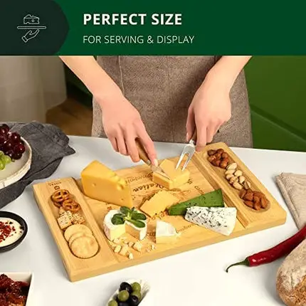 Unique Bamboo Cheese Board, Charcuterie Platter and Serving Tray for Wine, Crackers, Brie and Meat. Large and Thick Natural Wooden Server - Fancy House Warming Gift