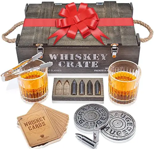 Luxurious Whiskey Stones & Glasses Gift Set - 2 XL Chilling Stainless Steel  Whiskey Balls - 2x Crystal Whiskey Glasses, 2x Slate Stone Coasters