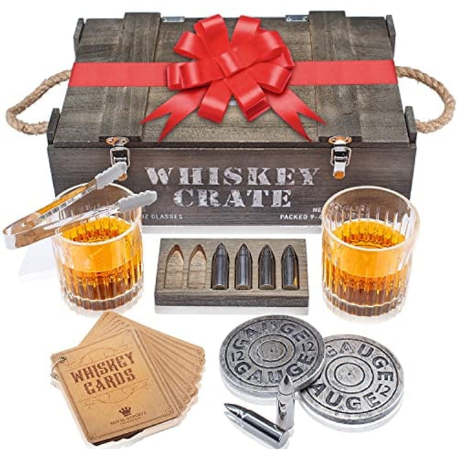 Bullet Whiskey Stones Gift Set by Royal Reserve | Artisan Crafted Chilling Rocks Scotch Bourbon Glasses and Coasters – Gift for Ranger Police Hunter Guy Men Dad Boyfriend Anniversary or Retirement
