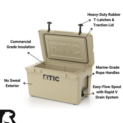 RTIC Hard Cooler, 45 qt, Tan, Ice Chest with Heavy Duty Rubber Latches, 3 Inch Insulated Walls
