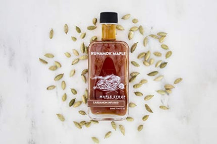 Runamok Cardamom Infused Maple Syrup - Authentic & Real Vermont Maple Syrup | Gluten Free & Natural Sweetener | Great for Cooking, Pancakes, Cocktails & Desserts | 8.45 Fl Oz (250mL)