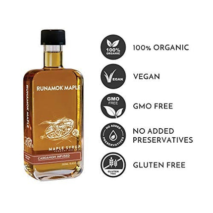 Runamok Cardamom Infused Maple Syrup - Authentic & Real Vermont Maple Syrup | Gluten Free & Natural Sweetener | Great for Cooking, Pancakes, Cocktails & Desserts | 8.45 Fl Oz (250mL)