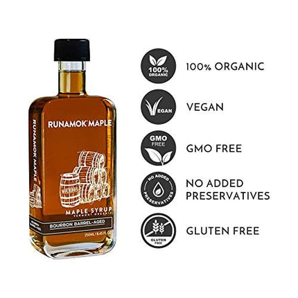 Runamok Maple Bourbon Barrel Aged Maple Syrup - Authentic & Real Vermont Maple Syrup | Natural Sweetener | Great for Cocktails, Cheese Pairing & Pancakes Maple Syrup | 8.45 Fl Oz (250mL)