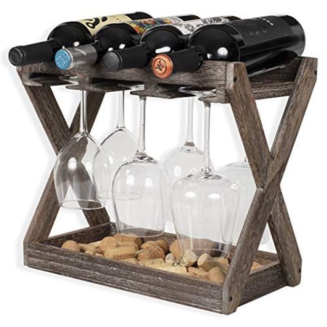 Rustic State Cava Countertop Solid Wood Wine Rack for 4 Bottles and 6 Stemware Glass Holder Cork Storage Tabletop Tray Freestanding Organizer - Home, Kitchen, Dining Room Bar Décor - Walnut