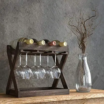 Rustic State Cava Countertop Solid Wood Wine Rack for 4 Bottles and 6 Stemware Glass Holder Cork Storage Tabletop Tray Freestanding Organizer - Home, Kitchen, Dining Room Bar Décor - Walnut
