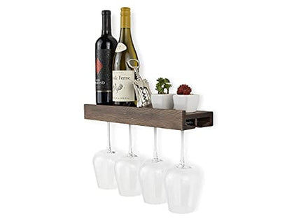 Rustic State Smith Wall Mounted Wood Floating Wine Bottle Rack with Glassware Holder Stemware Shelf Storage Organizer - Home, Kitchen, Dining Room Bar Décor -Walnut
