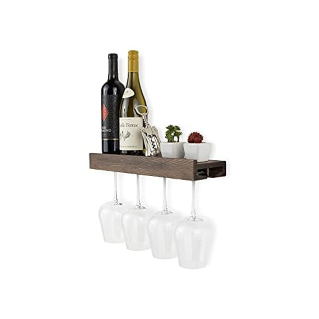 Rustic State Smith Wall Mounted Wood Floating Wine Bottle Rack with Glassware Holder Stemware Shelf Storage Organizer - Home, Kitchen, Dining Room Bar Décor -Walnut