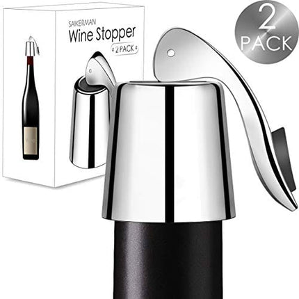 Wine Stoppers 2 PACK, SaikerMan Stainless Steel Wine Bottle Plug Saver, Reusable Vacuum Rubber Sealer, Keeps Wine Fresh